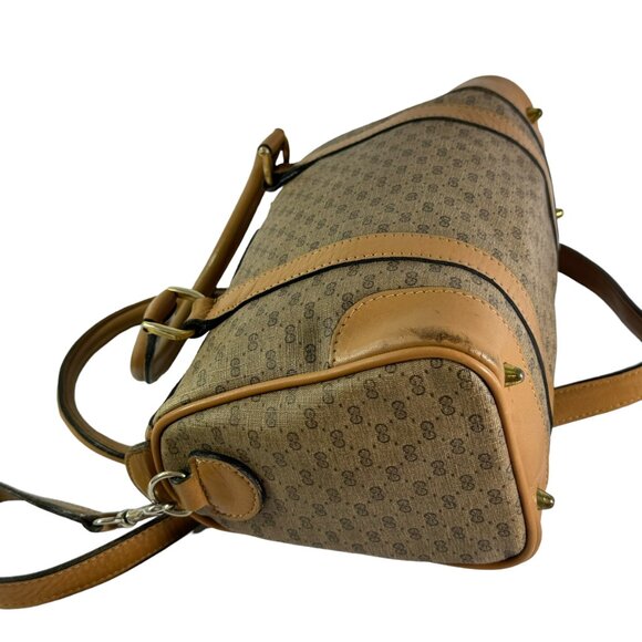 70's GUCCI Beige Canvas Tan Leather Micro GG Monogram Satchel Made in Italy - Picture 6 of 15